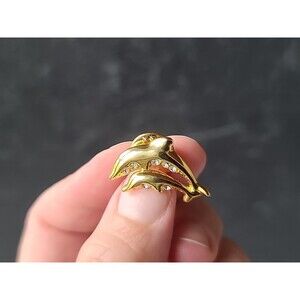 Gold Tone Metal Two Dolphins Shaped Rhinestone Pin Vintage Costume Jewelry